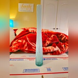 Handblown 16" Tall Aqua & White Bud Vase - Cased Glass